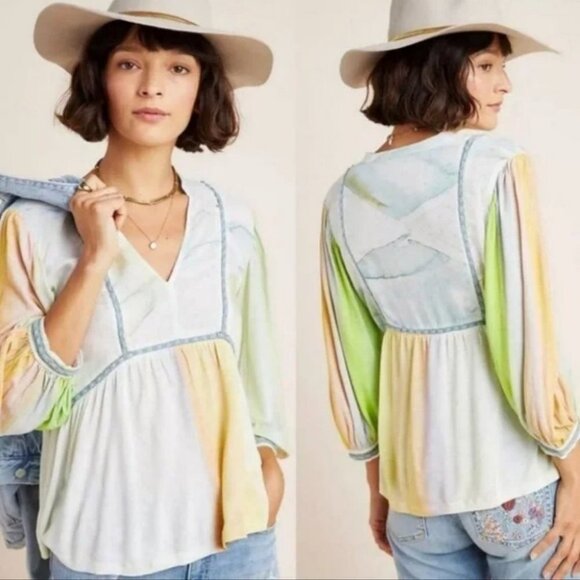 Anthropologie Blank London Tie Dye Peasant Peplum Blouse Size Small Boho Bl-Nk S - Picture 1 of 12